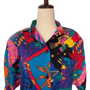 Vintage 80s Judy Knapp Colorful Funky Abstract New Wave Print Shirt sz Small